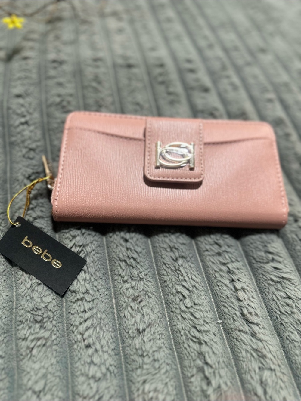 bebe Blush Pink Saffiano-Textured Wallet with Signature Emblem